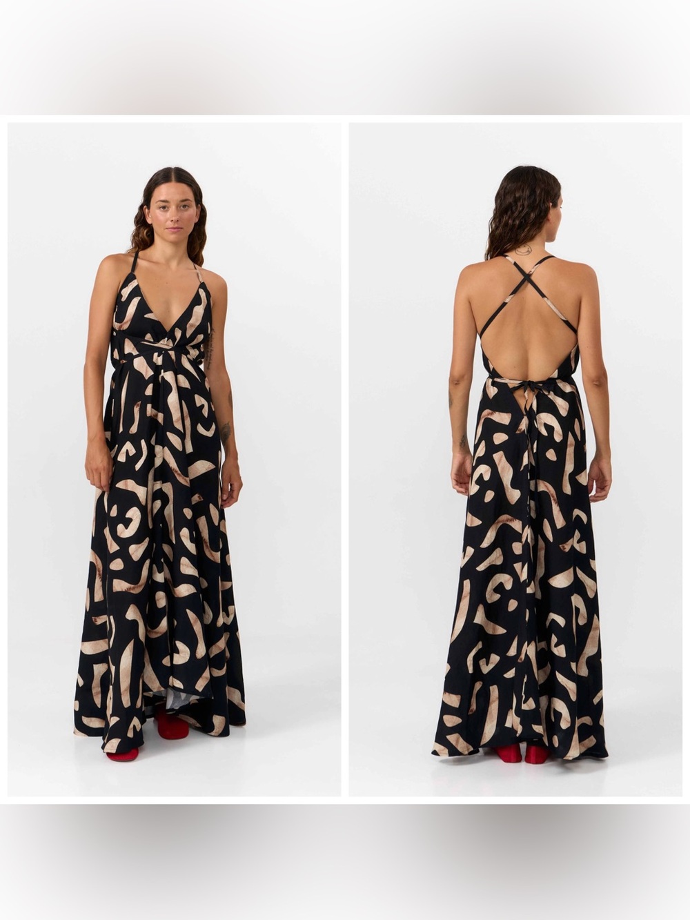 Suite13Lab MP Dress Long Viscose Linen Print Stones Maxi Black Beige One Size